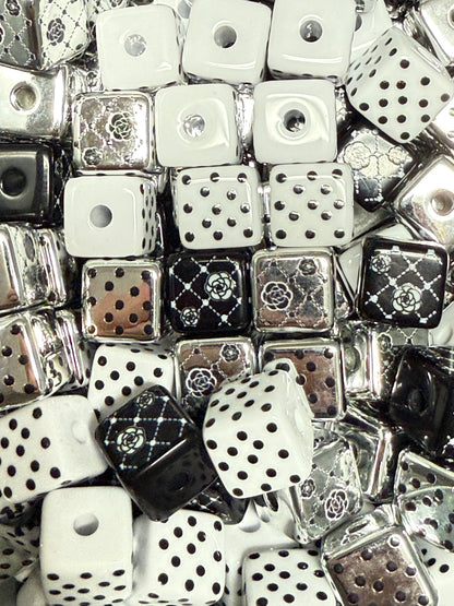 CB14- (10PCS)- 13mm Black & White Cube/Square Floral/PolkaDot/ Pattern Beads For DIY