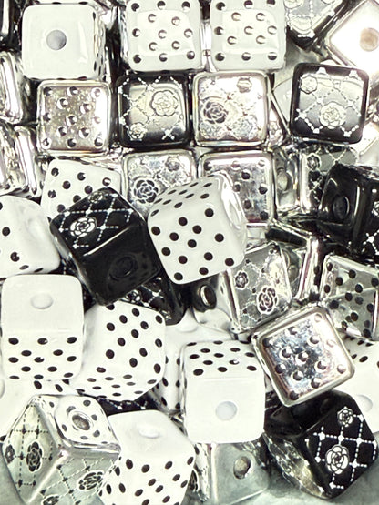 CB14- (10PCS)- 13mm Black & White Cube/Square Floral/PolkaDot/ Pattern Beads For DIY