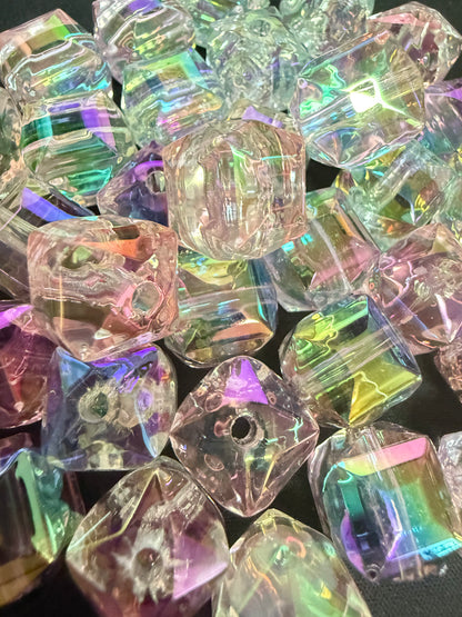 C22- (10PCS) 14mm 3D Hexagonal Prism Aura UVAB Clear Rainbow Acrylic Beads For DIY