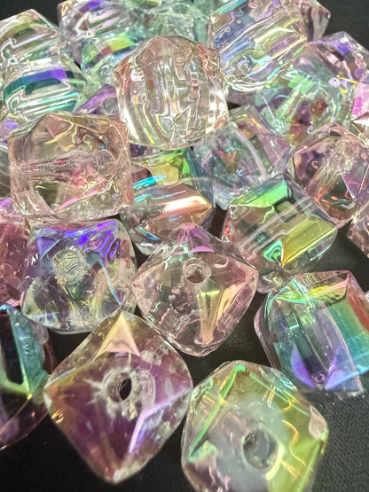C22- (10PCS) 14mm 3D Hexagonal Prism Aura UVAB Clear Rainbow Acrylic Beads For DIY