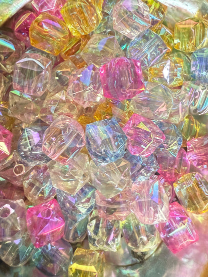 C24- (10PCS) 11mm 3D Hexagonal Prism Aura UVAB Clear Rainbow Acrylic Beads For DIY
