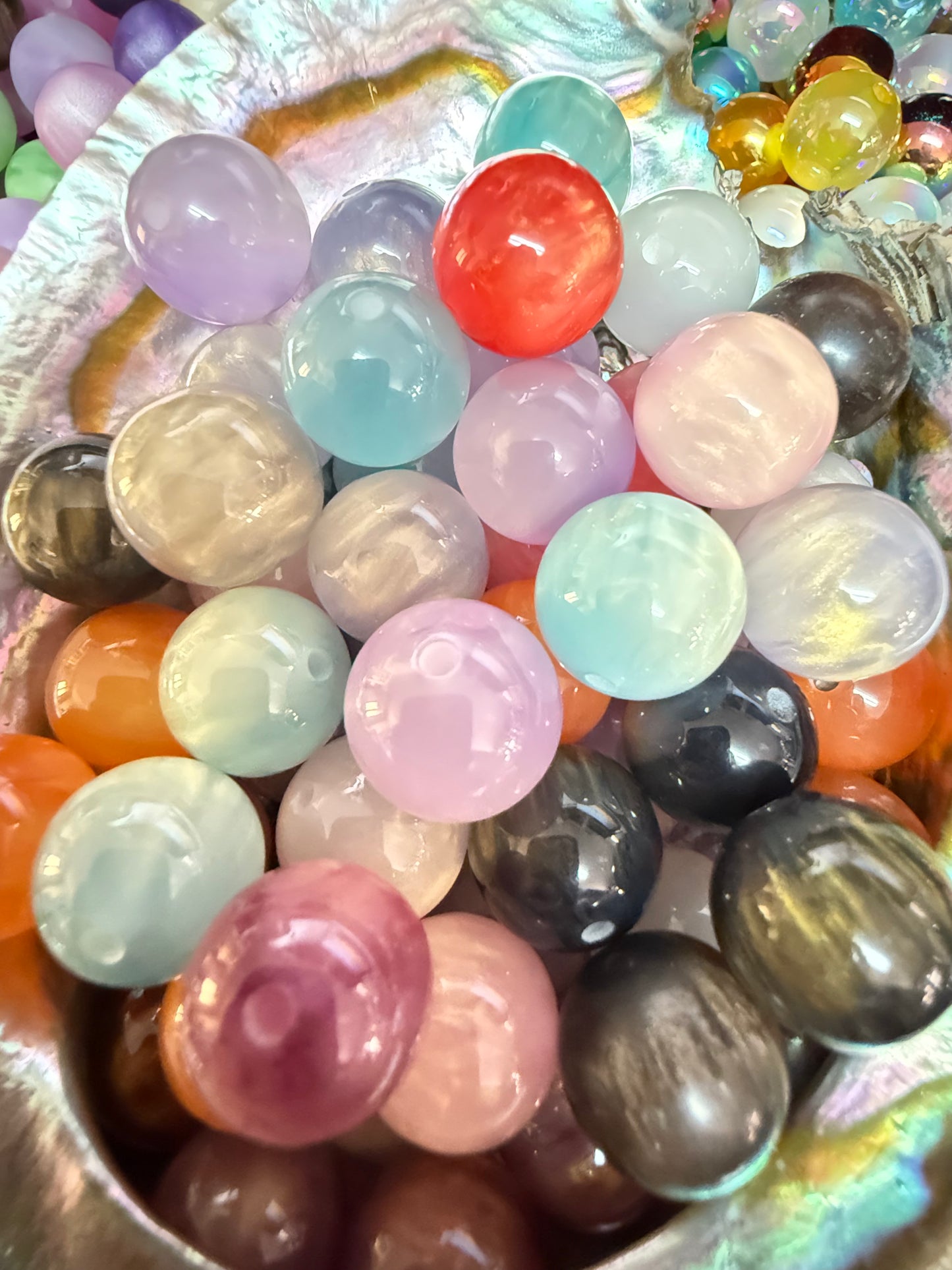 B42- (10PCS) 16mm Multicolored UVAB CAT EYE Shimmer Glitter Round Acrylic Beads For DIY