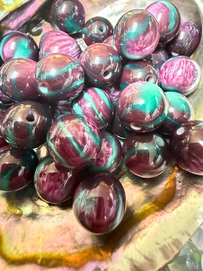 B43- (10PCS) 15mm Deep Purple/Teal CAT EYE Shimmer Glitter Round Acrylic Beads For DIY