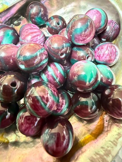 B43- (10PCS) 15mm Deep Purple/Teal CAT EYE Shimmer Glitter Round Acrylic Beads For DIY