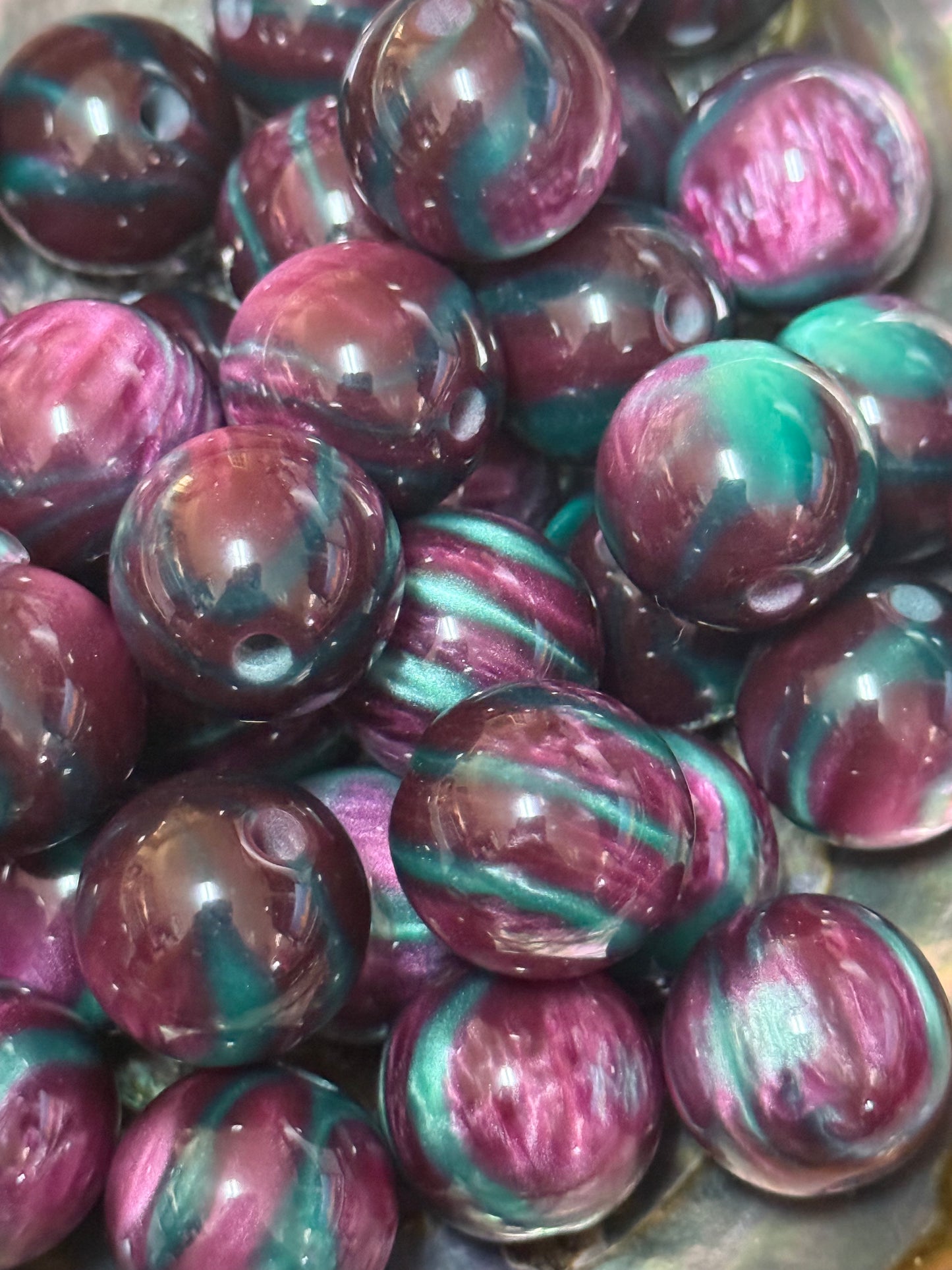 B43- (10PCS) 15mm Deep Purple/Teal CAT EYE Shimmer Glitter Round Acrylic Beads For DIY