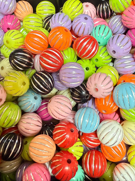 B58- (10PCS) 15mm Pumpkin/Latern Solid Matte W/Silver Stripes Mix Acrylic Beads For DIY