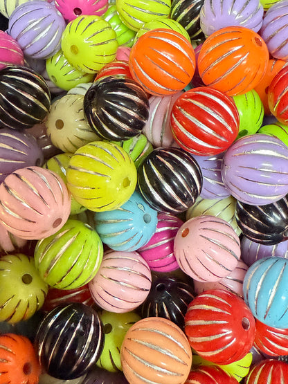 B58- (10PCS) 15mm Pumpkin/Latern Solid Matte W/Silver Stripes Mix Acrylic Beads For DIY