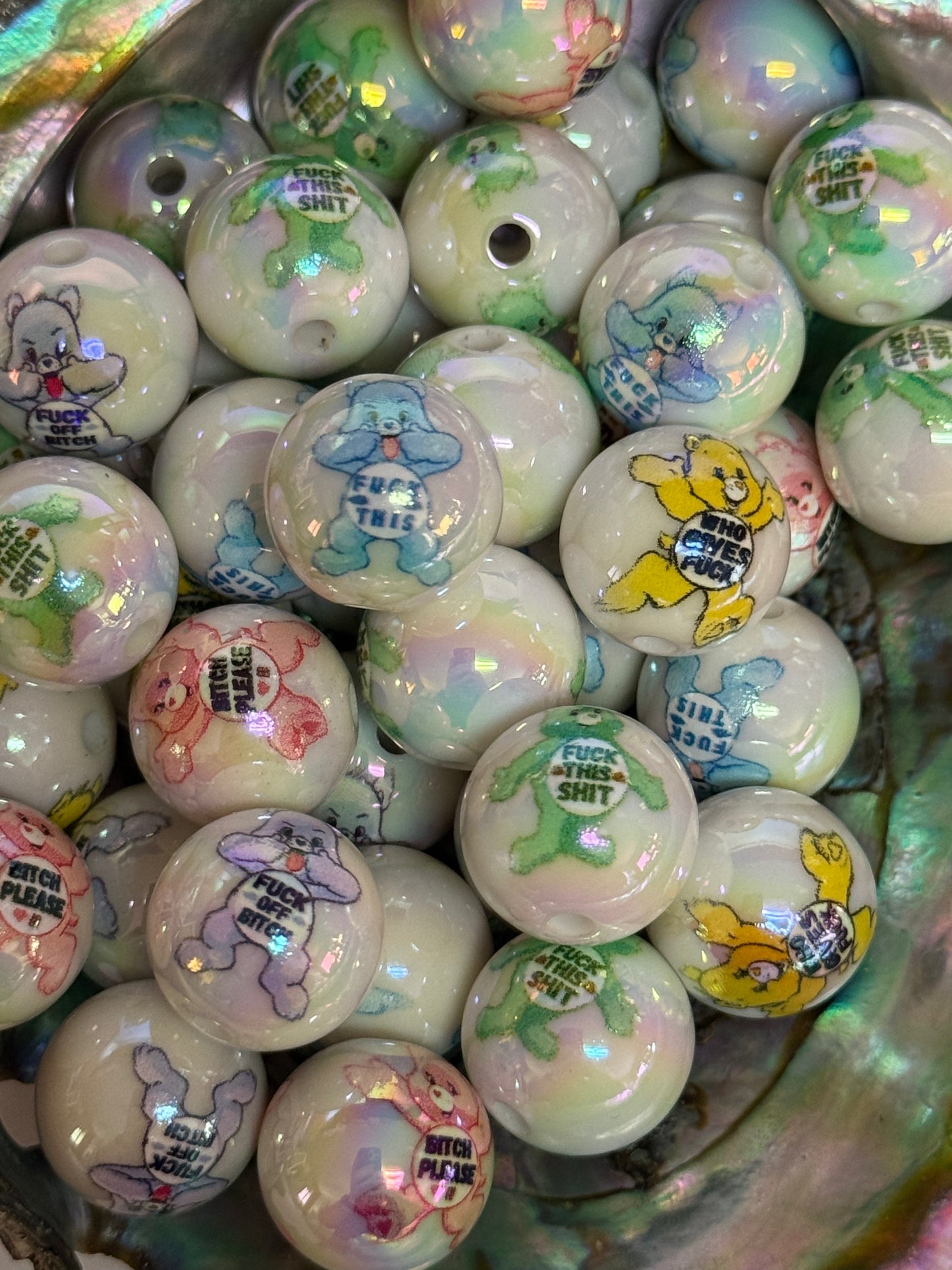 C/L B8- (10PCS) 15mm Bad Word/Swear Bears MIX Round UVAB Iridescent Rainbow Acrylic Beads For DIY
