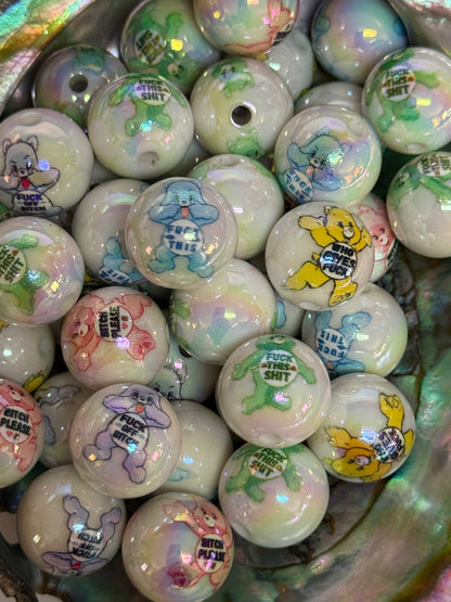 C/L B8- (10PCS) 15mm Bad Word/Swear Bears MIX Round UVAB Iridescent Rainbow Acrylic Beads For DIY