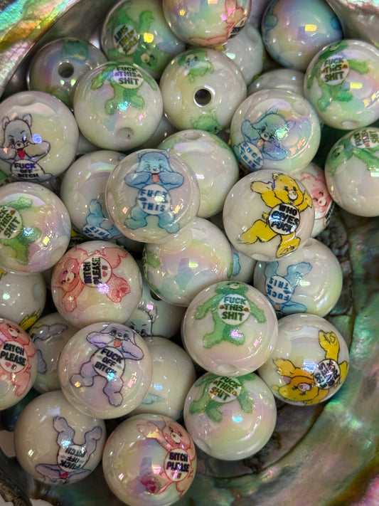 C/L B8- (10PCS) 15mm Bad Word/Swear Bears MIX Round UVAB Iridescent Rainbow Acrylic Beads For DIY