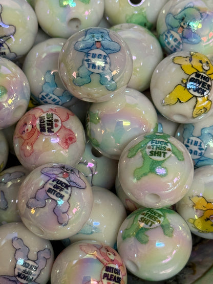 C/L B8- (10PCS) 15mm Bad Word/Swear Bears MIX Round UVAB Iridescent Rainbow Acrylic Beads For DIY