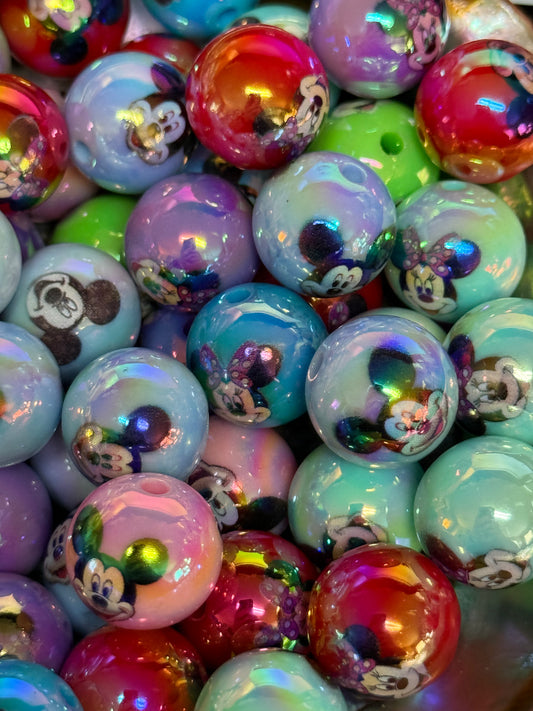 C/L B11- (10PCS) 15mm Mickey/Minnie Mouse Cartoon MIX Color Round UVAB Iridescent Rainbow Acrylic Beads For DIY