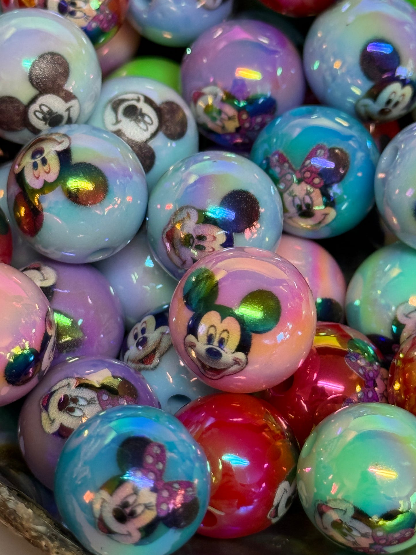 C/L B11- (10PCS) 15mm Mickey/Minnie Mouse Cartoon MIX Color Round UVAB Iridescent Rainbow Acrylic Beads For DIY