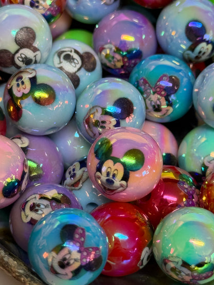 C/L B11- (10PCS) 15mm Mickey/Minnie Mouse Cartoon MIX Color Round UVAB Iridescent Rainbow Acrylic Beads For DIY