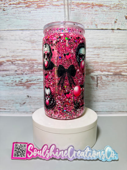 (1)- Ready To Ship HOT PINK/BOYS OF HALLOWEEN HORROR Design 16OZ ACRYLIC Snow Globe Tumbler