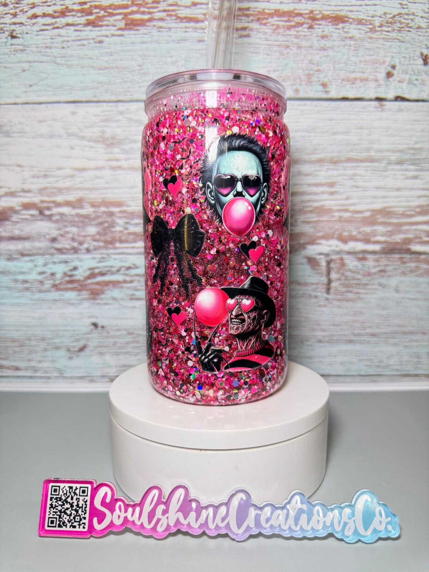 (1)- Ready To Ship HOT PINK/BOYS OF HALLOWEEN HORROR Design 16OZ ACRYLIC Snow Globe Tumbler