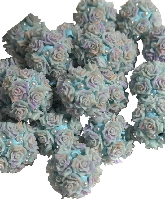 R132- (5PCS) 21mm Round Pastel W/ Multicolored Roses W/ Pearls Clay Beads for DIY