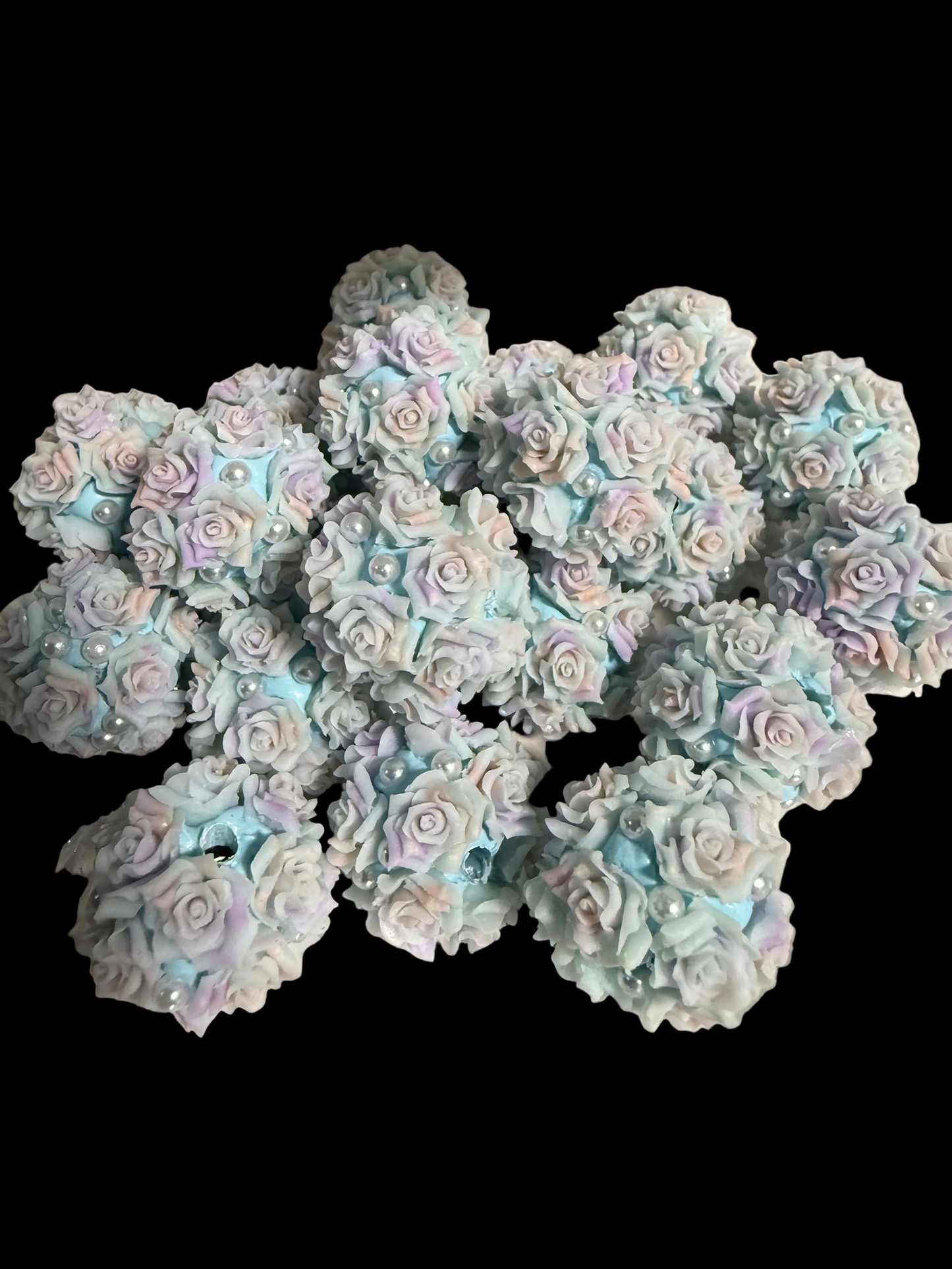 R132- (5PCS) 21mm Round Pastel W/ Multicolored Roses W/ Pearls Clay Beads for DIY