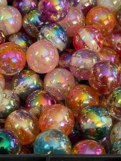 B80- (10PCS) 16mm Round UVAB Mixed Colors Clear W/Gold Glitter Flake Iridescent Galaxy Beads for DIY