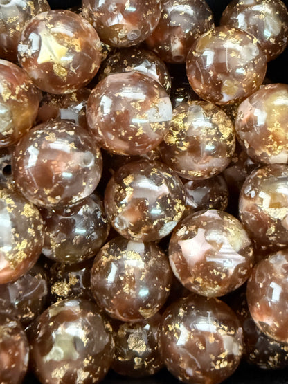 B82- (10PCS) 16mm Round UVAB Brown Colors Clear W/Gold Glitter Flakes & Confetti Iridescent Galaxy Beads for DIY