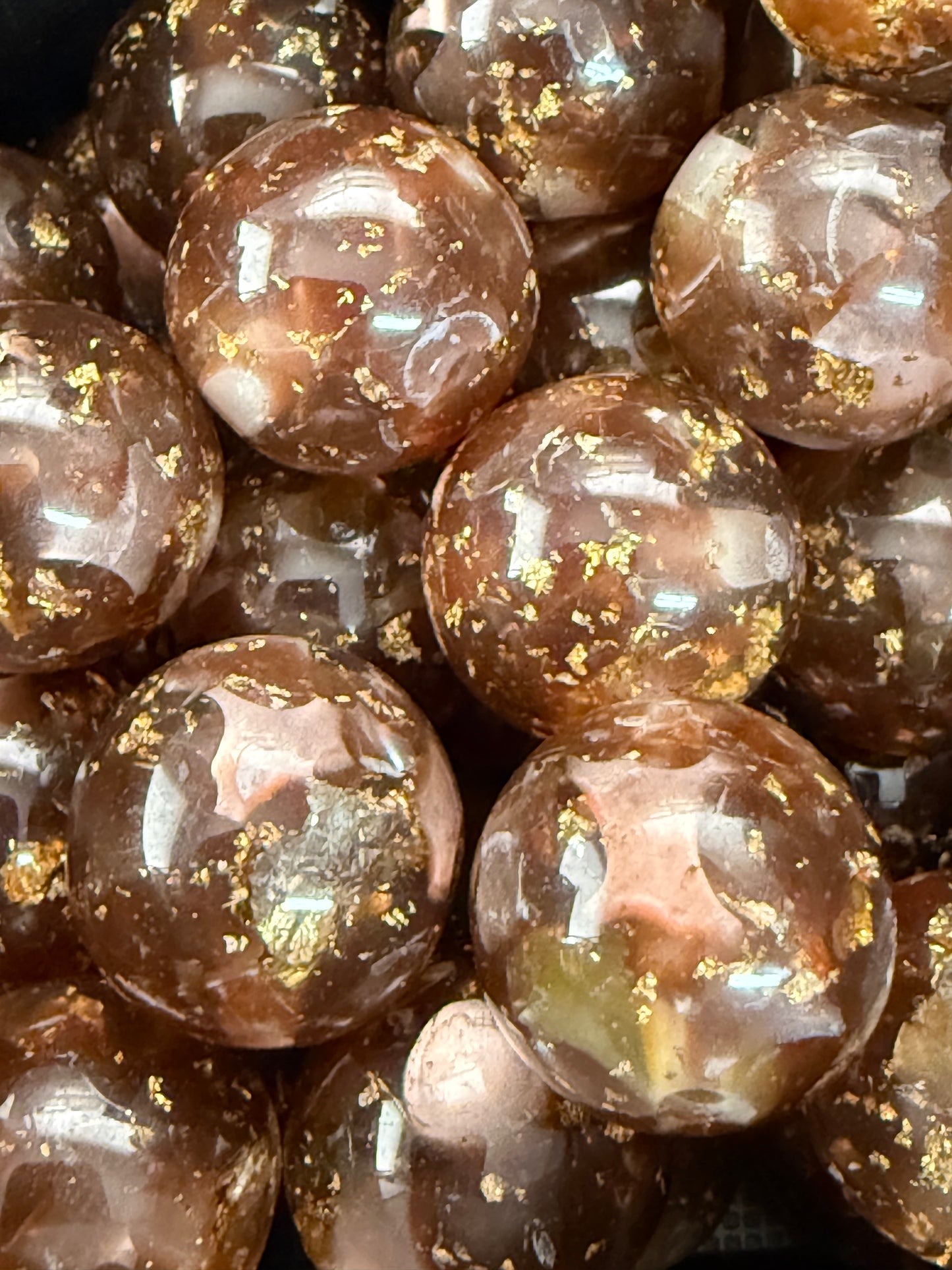 B82- (10PCS) 16mm Round UVAB Brown Colors Clear W/Gold Glitter Flakes & Confetti Iridescent Galaxy Beads for DIY