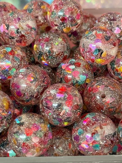 B90- (10PCS) 20mm Round Clear W/Glitter & Heart Confetti Inside Multicolor Rainbow Beads for DIY