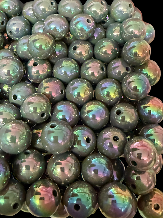 B114- (10PCS) 15mm DARK GRAY UVAB  Rainbow Iridescent Round Acrylic Beads for DIY