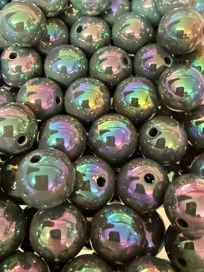 B114- (10PCS) 15mm DARK GRAY UVAB  Rainbow Iridescent Round Acrylic Beads for DIY