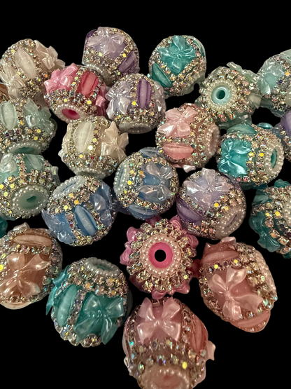 R150- (5PCS) 21mm High Quality Mixed PASTEL Colors Round Rhinestone W/BOWS Beads for DIY