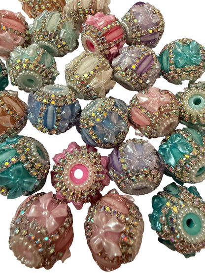 R150- (5PCS) 21mm High Quality Mixed PASTEL Colors Round Rhinestone W/BOWS Beads for DIY