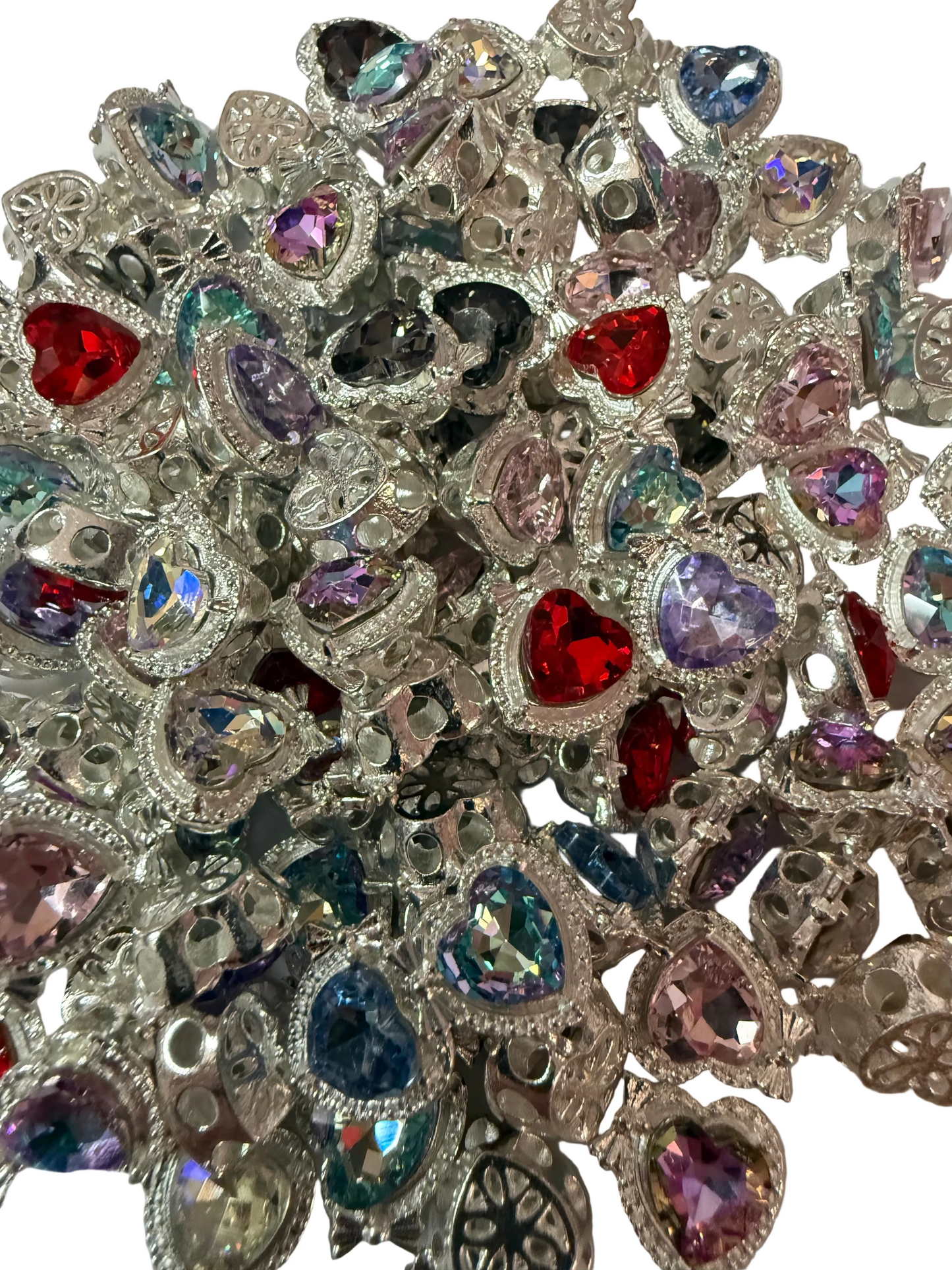 R157- (5PCS) Small 13mm High Quality Alloy Rhinestone Heart W/Bow Mixed Color Beads for DIY
