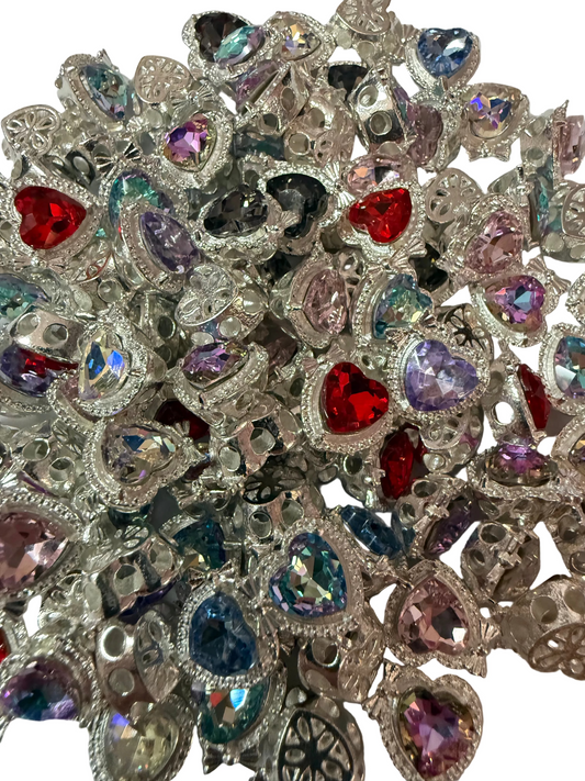 R157- (5PCS) Small 13mm High Quality Alloy Rhinestone Heart W/Bow Mixed Color Beads for DIY