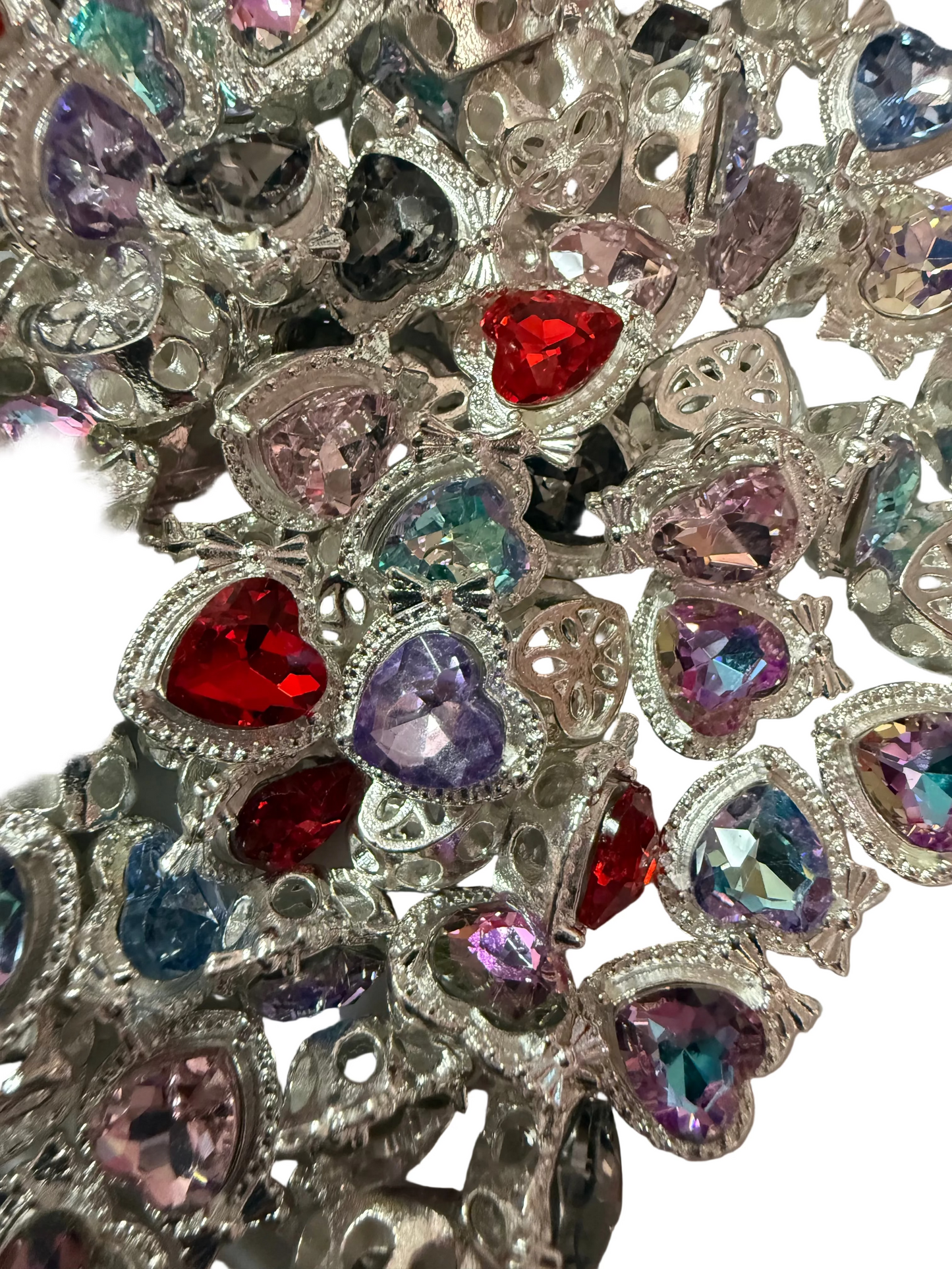 R157- (5PCS) Small 13mm High Quality Alloy Rhinestone Heart W/Bow Mixed Color Beads for DIY