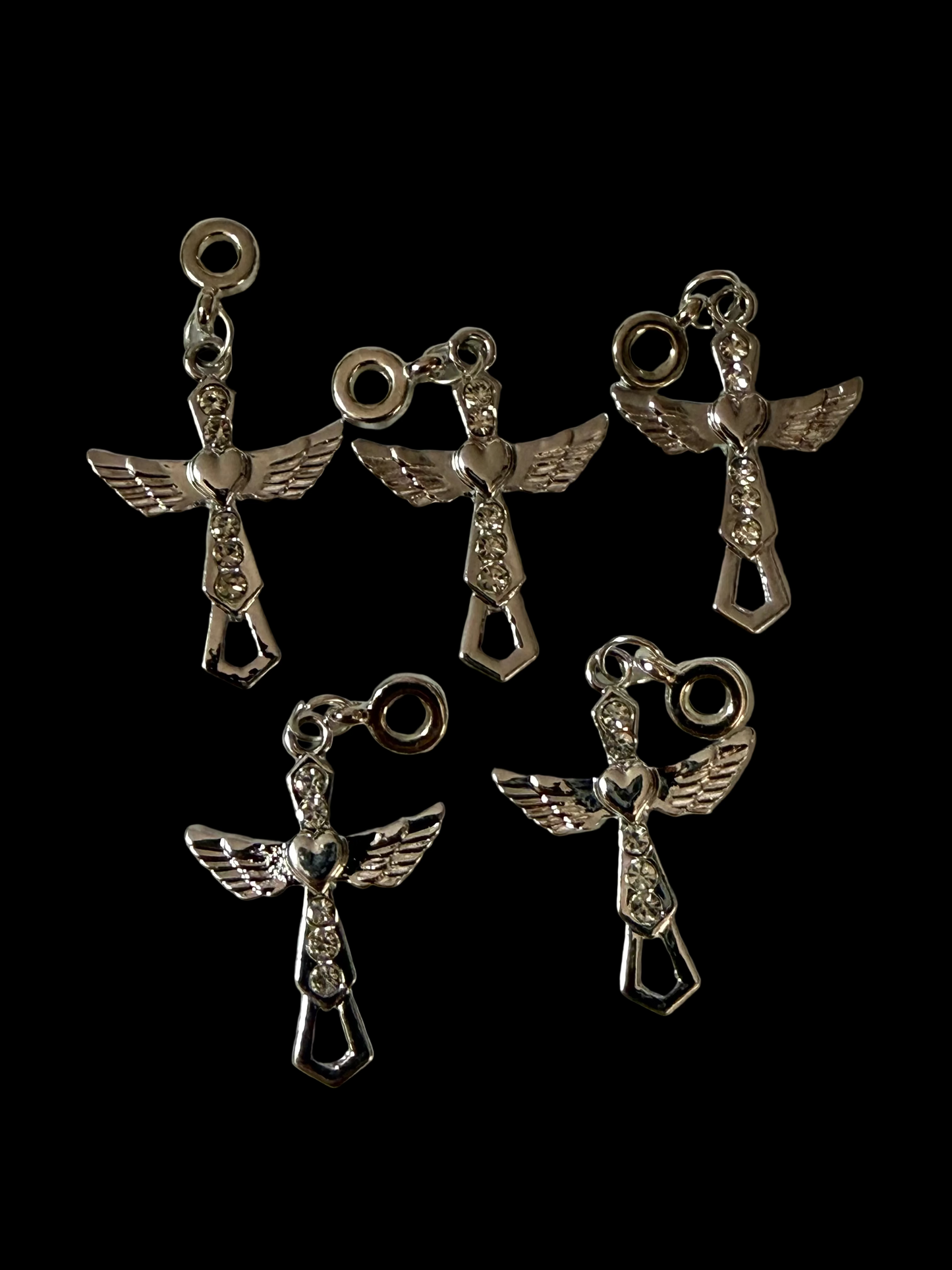 BA7 (5PCS)- 27mm Silver High Quality Alloy Rhinestone CROSS W/Wings Charms/Bail Beads/Attachment/Hanger Beads for DIY