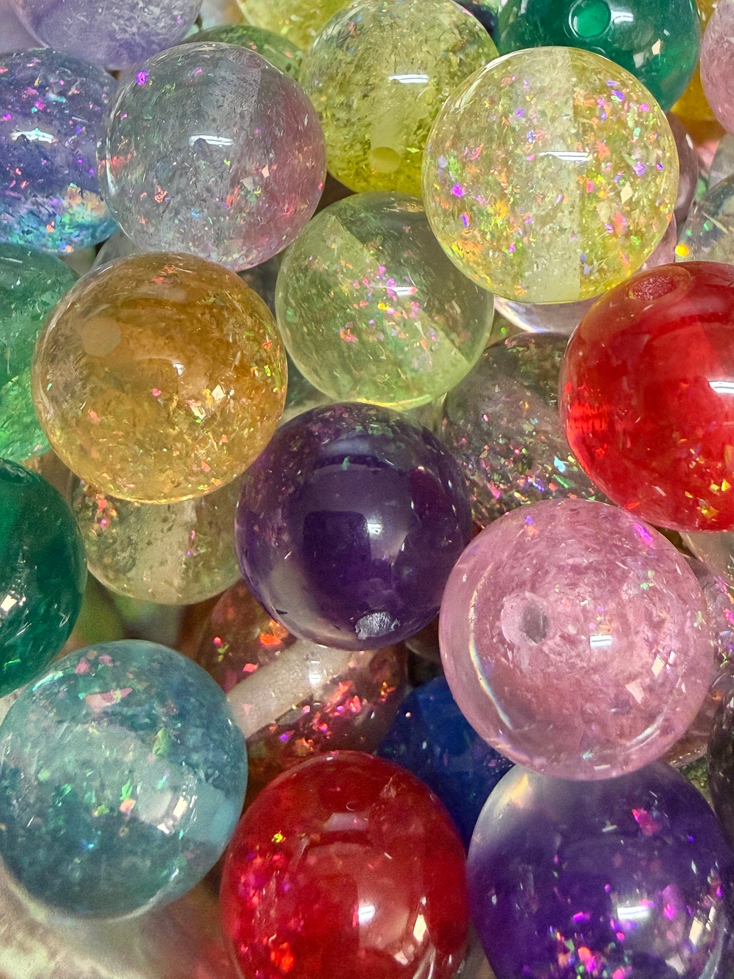 B137- (10PCS) 15mm Round Holographic Glitter MULTI-COLOR MIX Acrylic Beads for DIY
