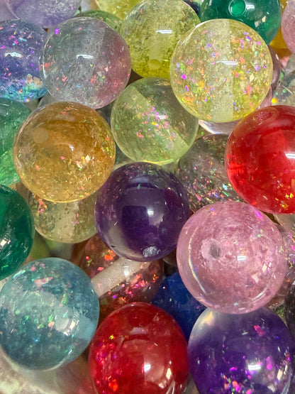 B137- (10PCS) 15mm Round Holographic Glitter MULTI-COLOR MIX Acrylic Beads for DIY
