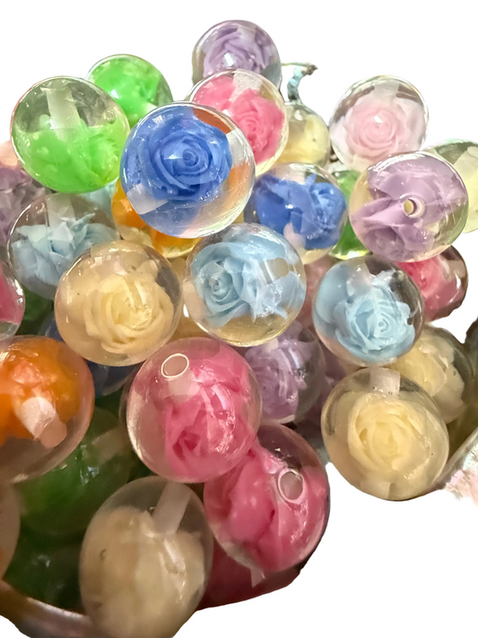B139- (10PCS) 15mm Round CLEAR W/MULTI-COLOR ROSE MIX Resin Beads for DIY