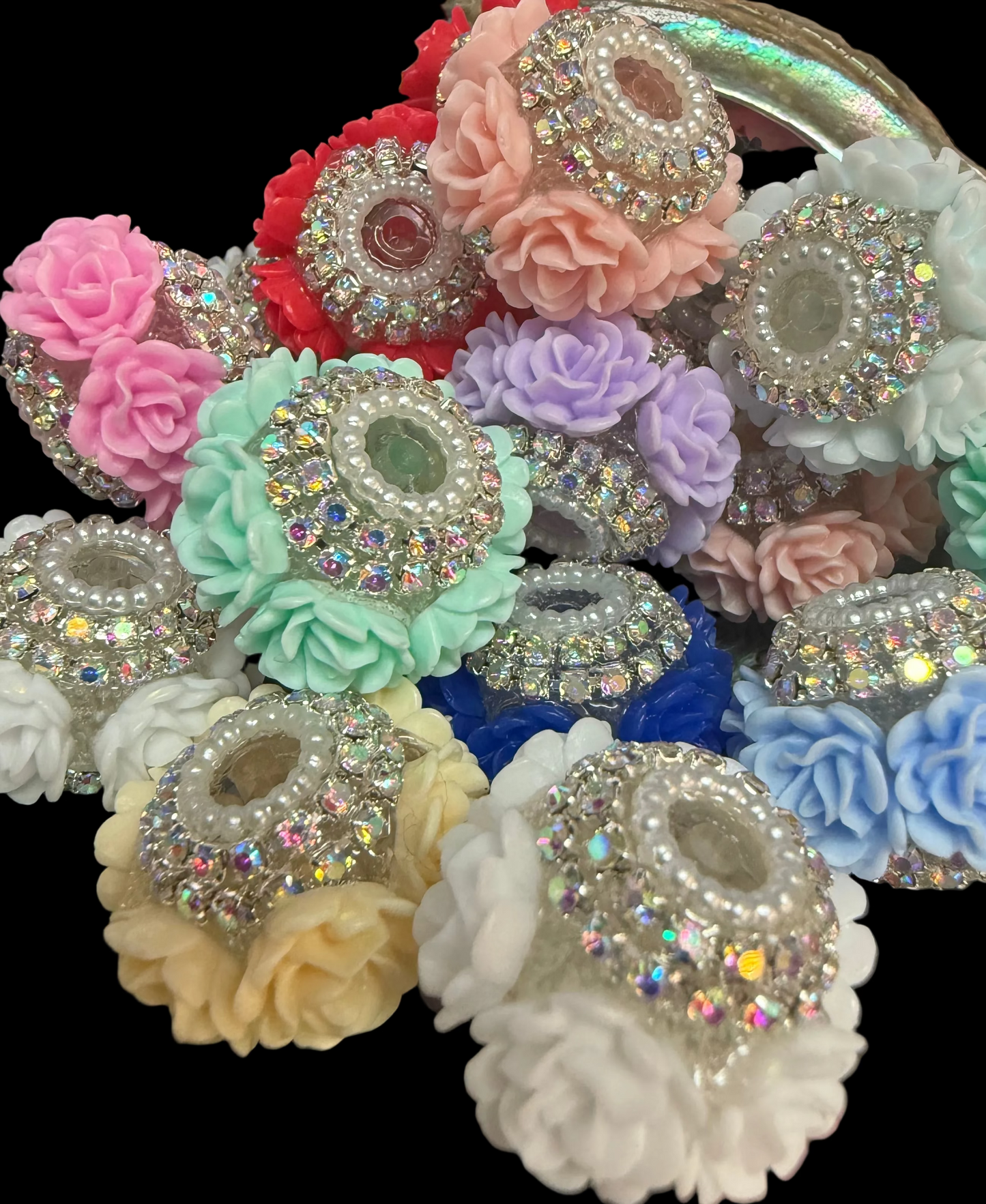 FFB6- (5PCS) 30mm Fancy Flowers W/Rhinestones  Round Mixed Colors Beads for DIY