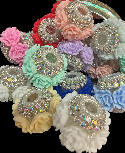 FFB6- (5PCS) 30mm Fancy Flowers W/Rhinestones  Round Mixed Colors Beads for DIY