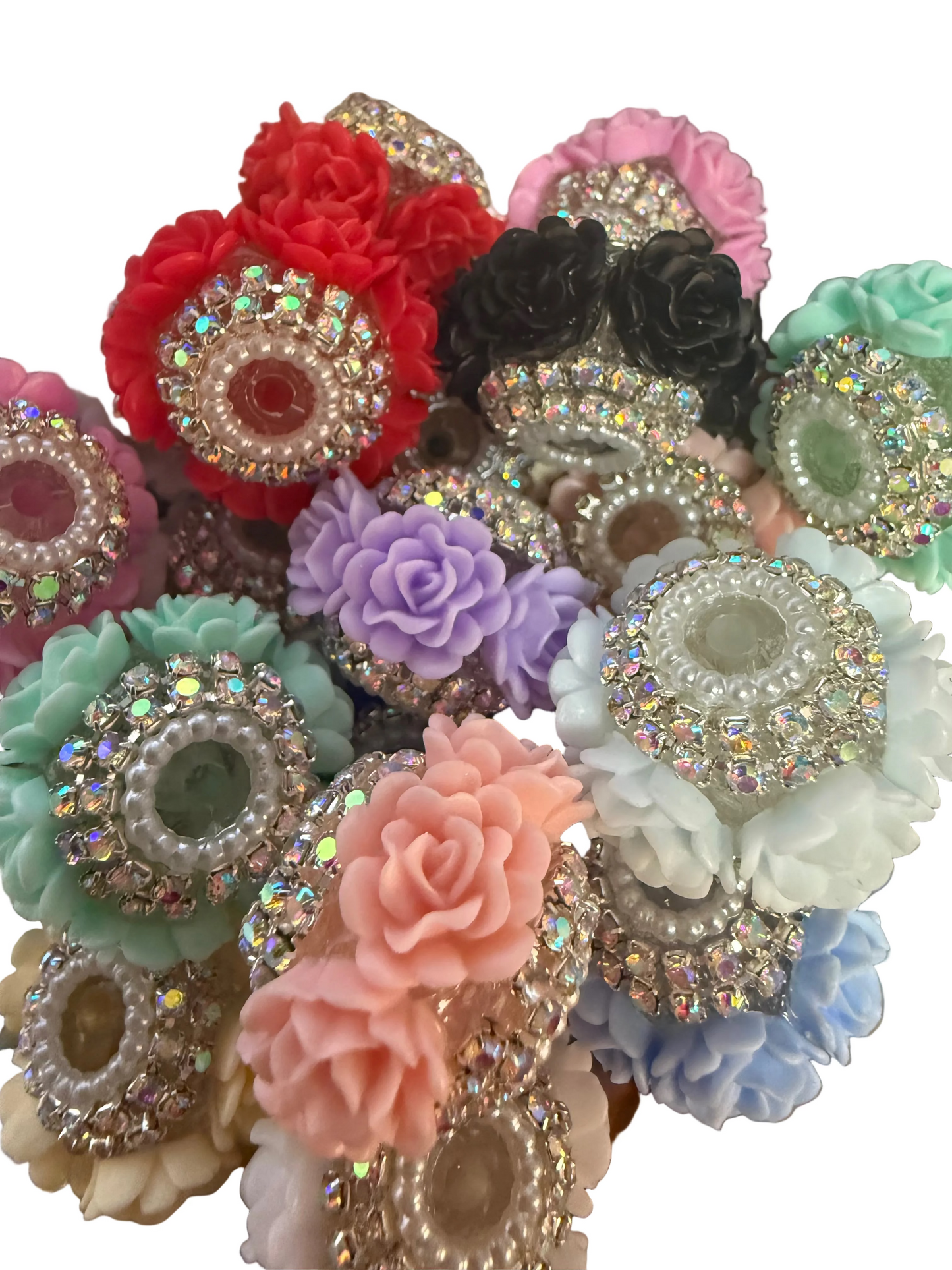 FFB6- (5PCS) 30mm Fancy Flowers W/Rhinestones  Round Mixed Colors Beads for DIY
