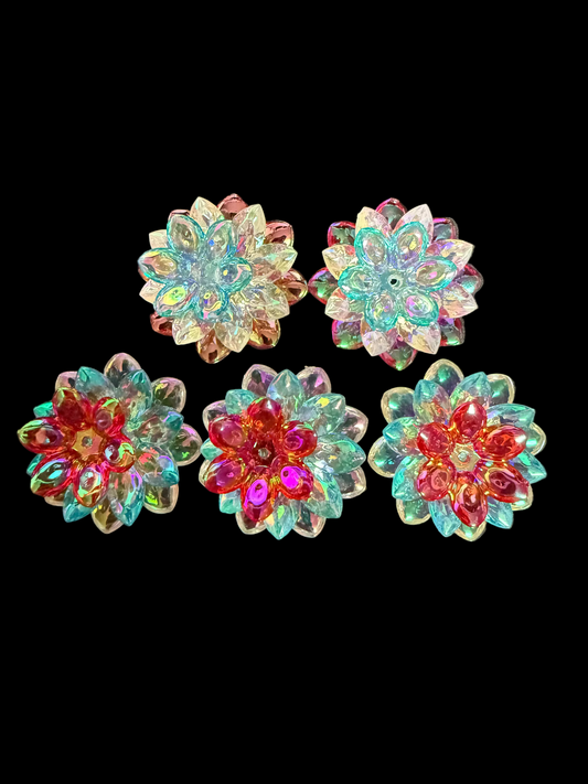 (5SETS)-15 Pieces 38mm RED/CLEAR/BLUE AB Lotus Flower Beads Clear UVAB Iridescent Rainbows Acrylic Beads For DIY