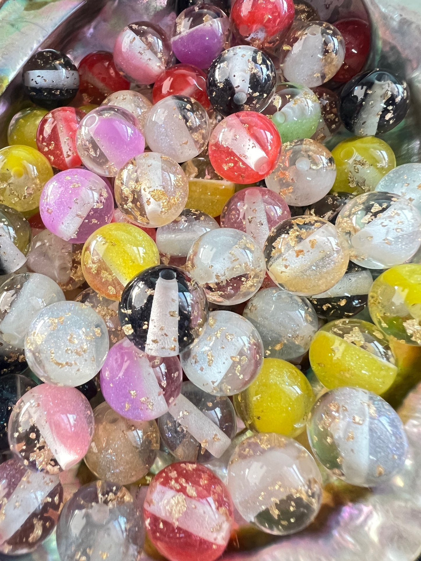 10 PCS- 12mm Round Mixed Colors Clear W/Flower Inside/ Gold Flake Resin Beads image 0