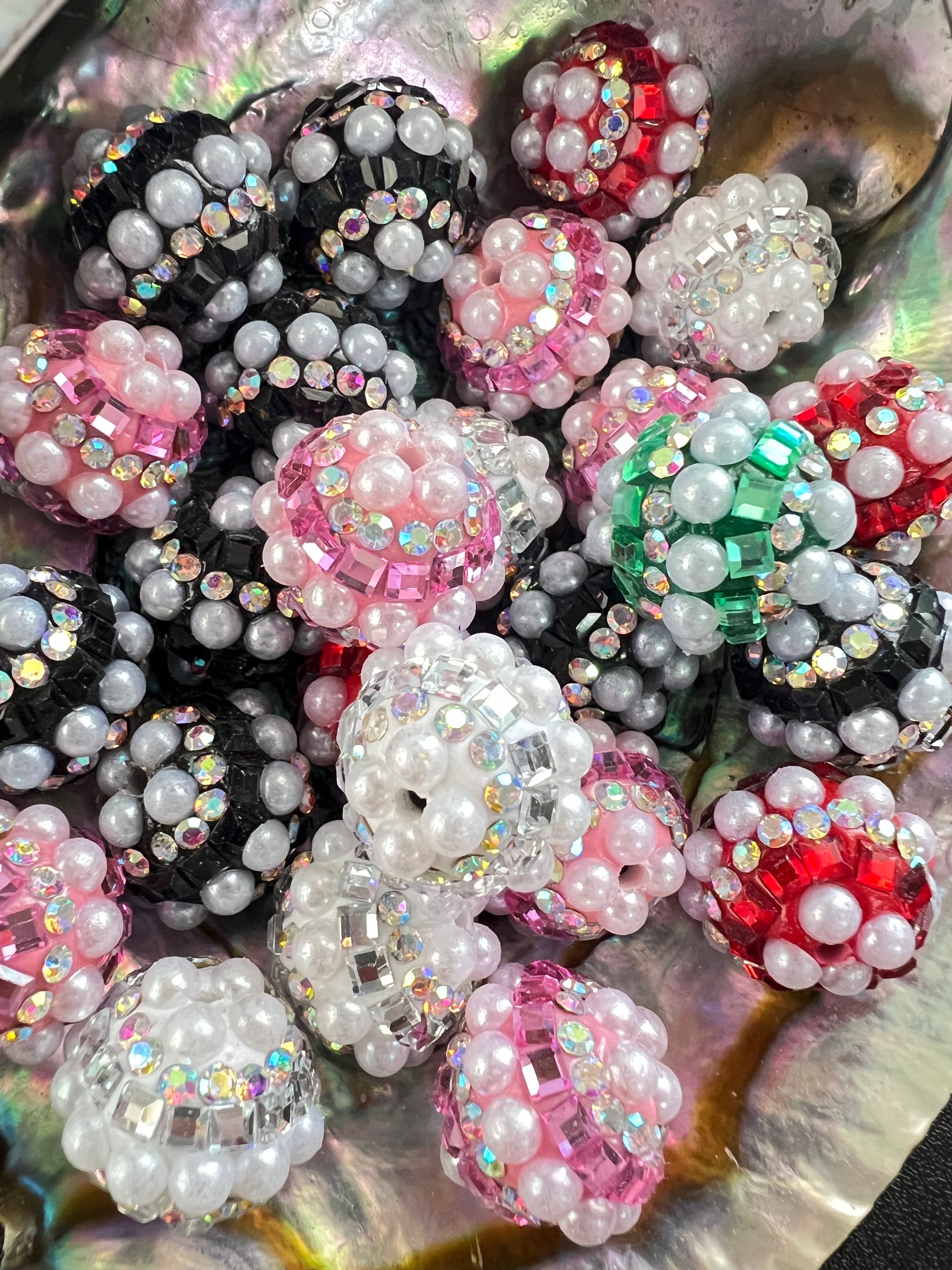 5 PCS - 16mm Beautiful Fancy Round Multicolor Rhinestone/Pearl Acrylic Beads image 0