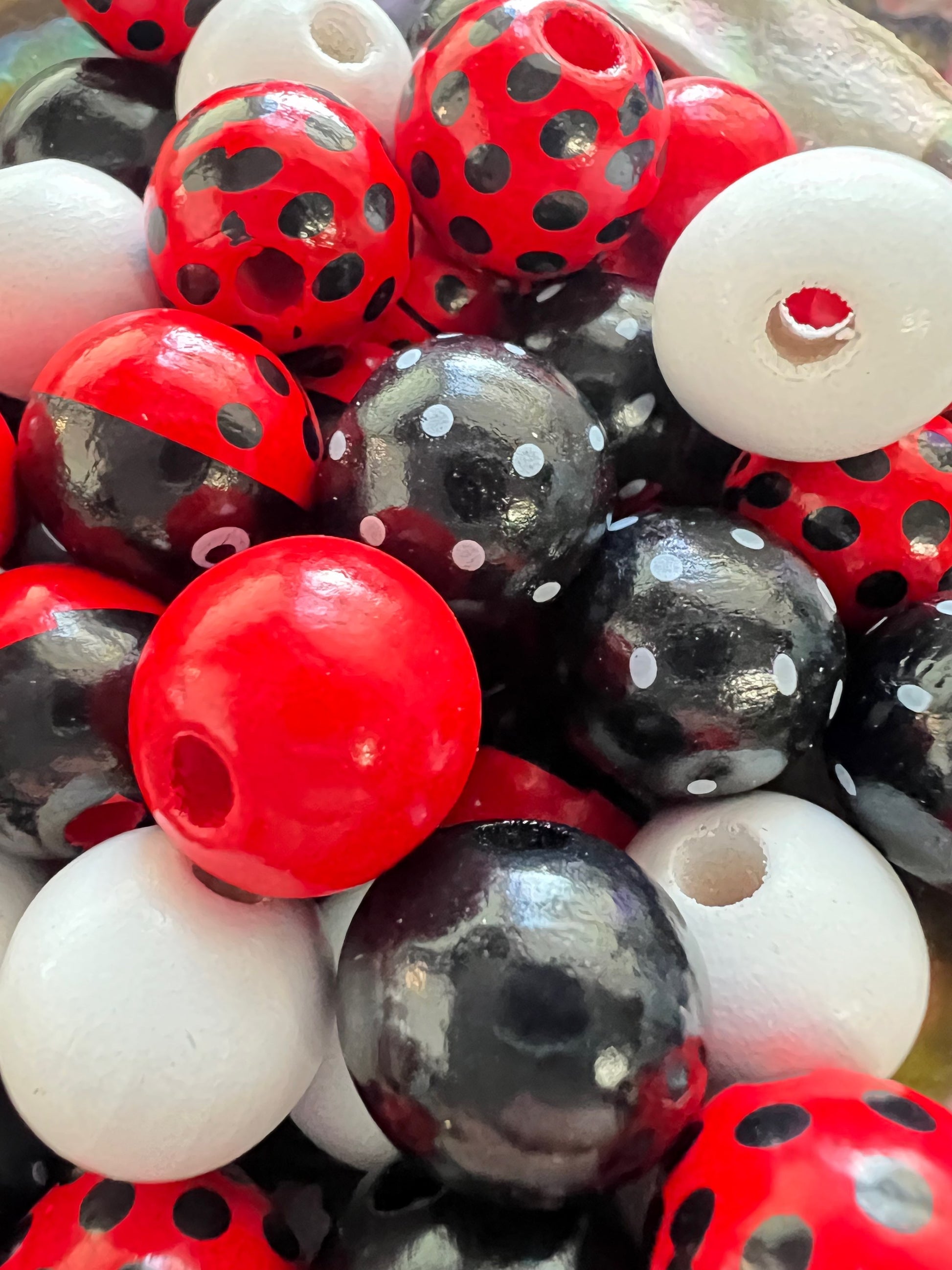 10 PCS-  16mm Multicolored LadyBug/Red/Black/White Polka Dot Wooden Beads image 1