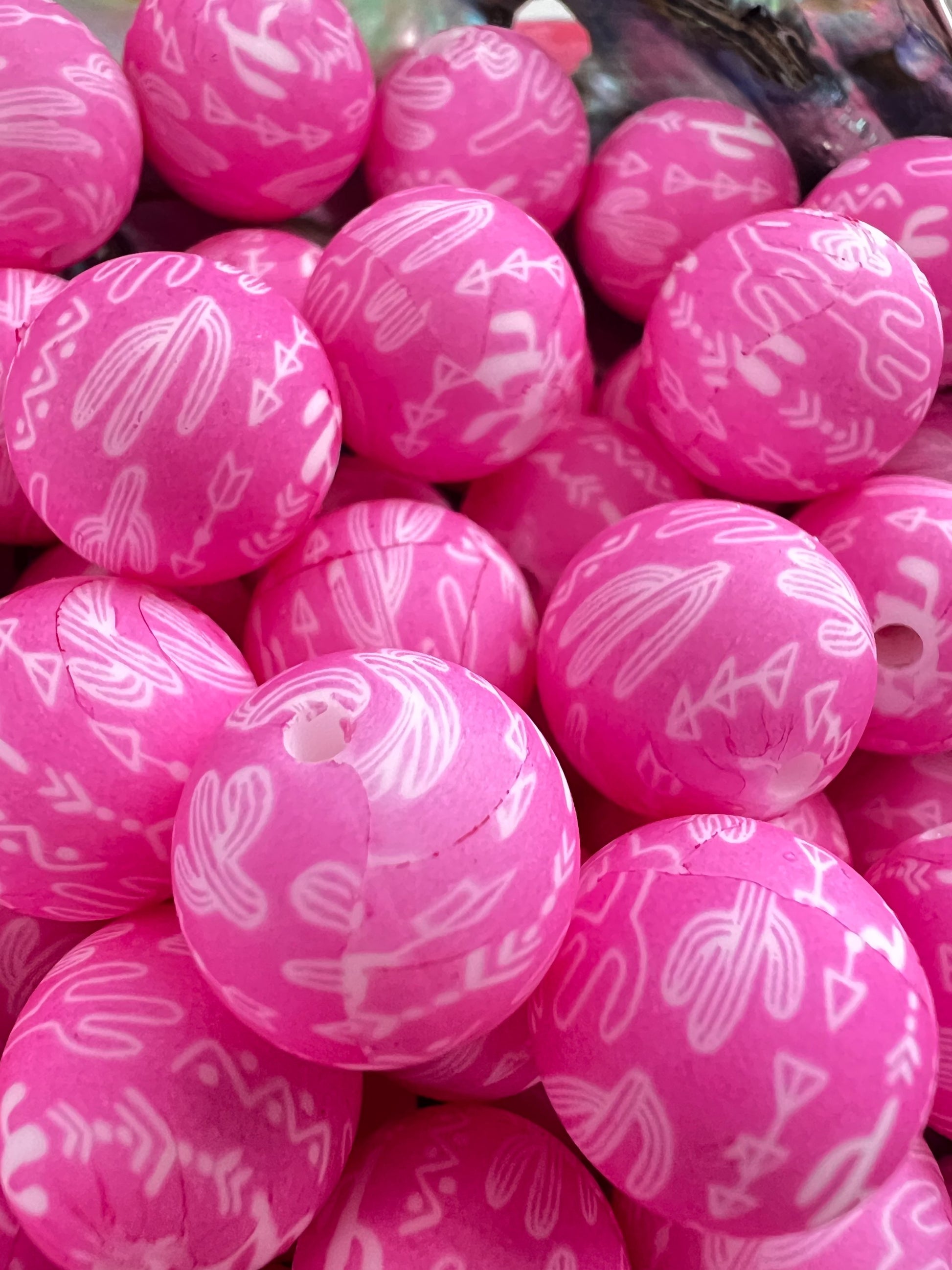 10 PCS- 15mm Pink/White Round Cactus/Western Print Silicone beads image 2
