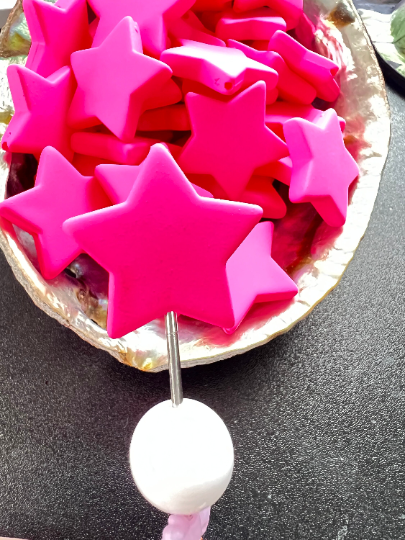 5 PCS- Star Shaped 28mm - Neon Pink Resin Matte Flat Bead/ Pen Topper Beads image 2