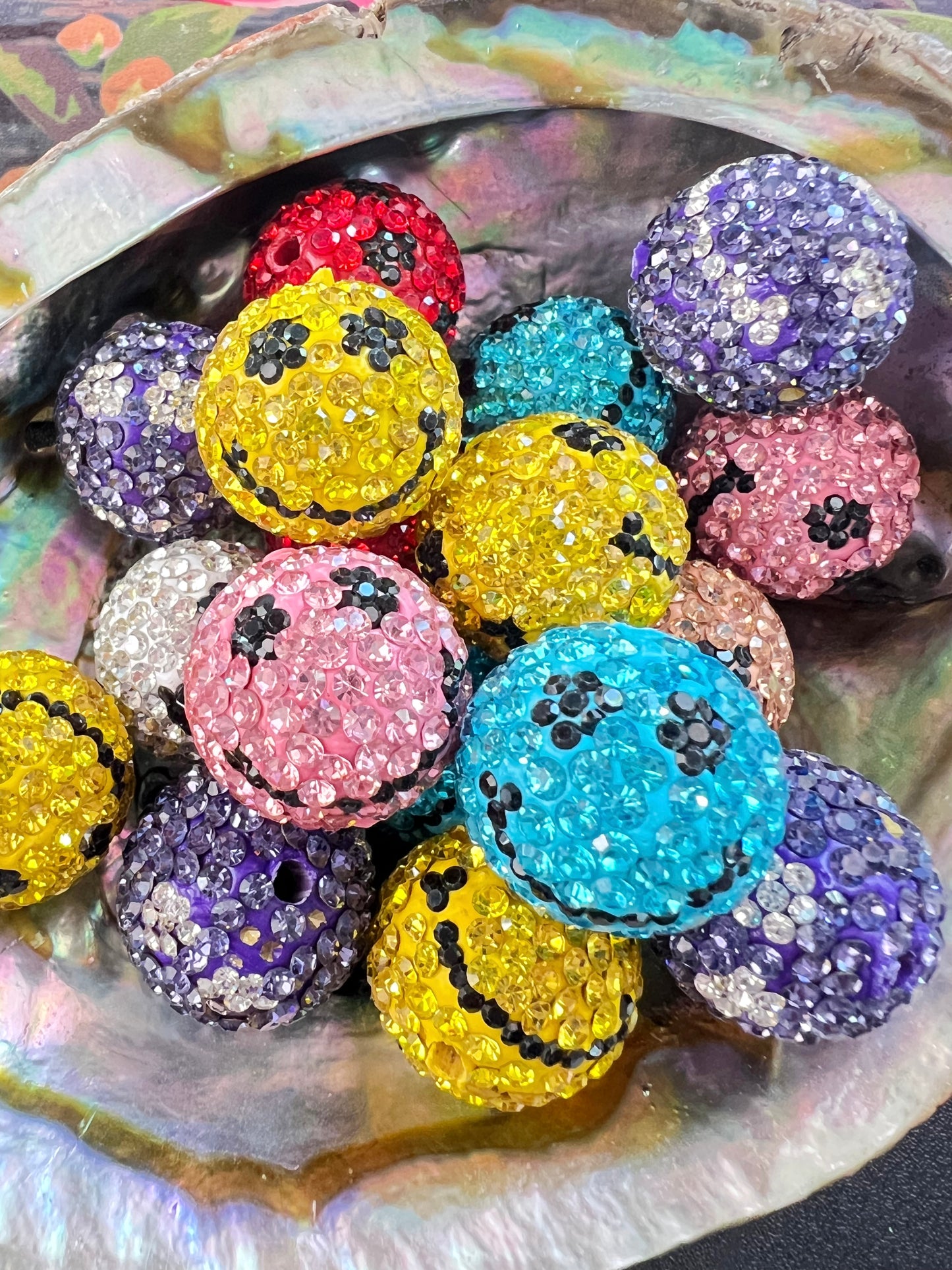5 PCS - 21mm Rainbow Mixed Color SMILEY FACE Round Clay Rhinestone Beads image 2