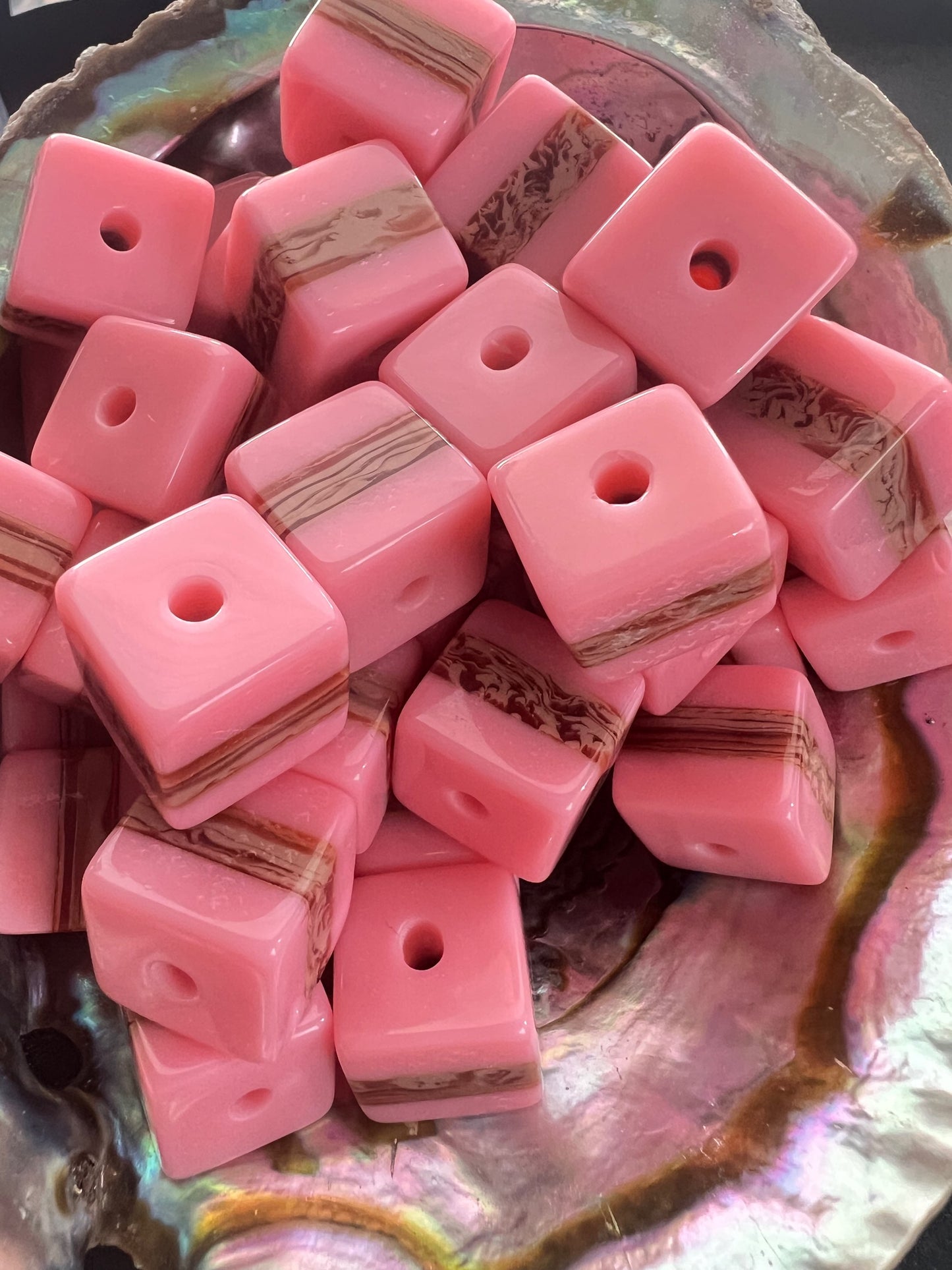 10 PCS - 13mm Pink Color with Brown/Tan Strip Cube/Square Bead image 0