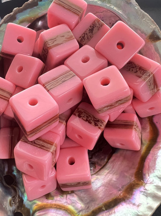 10 PCS - 13mm Pink Color with Brown/Tan Strip Cube/Square Bead image 0