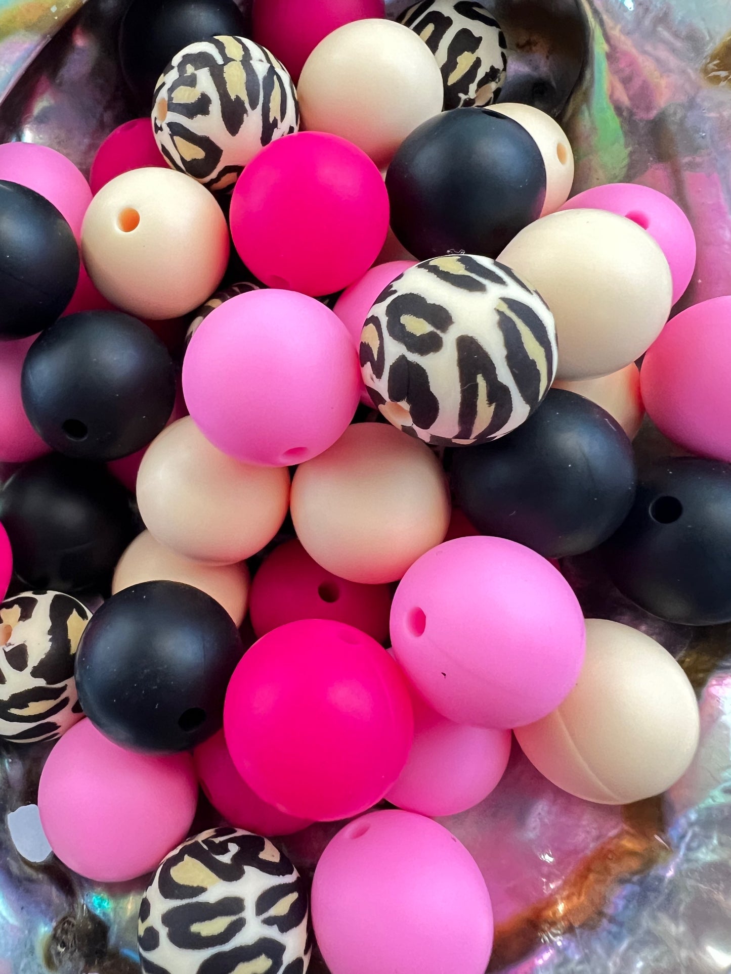 10 PCS- 15mm Round Multicolored Leopard/HotPink/Pink/Creme MIX of SILICONE beads image 0